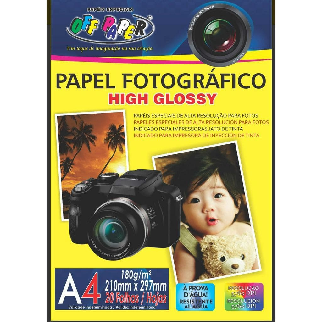Papel Fotográfico A4 180g Glossy 20 folhas  Resistente a Água - OFF PAPER