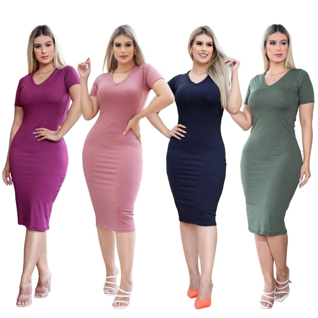 Kit 4 Vestido Canelado Social Casual Moda Evangélica Casual
