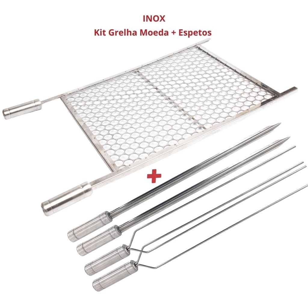 Kit Grelha Inox 70x50cm + 4 Espetos Espada E Duplo Churrasco