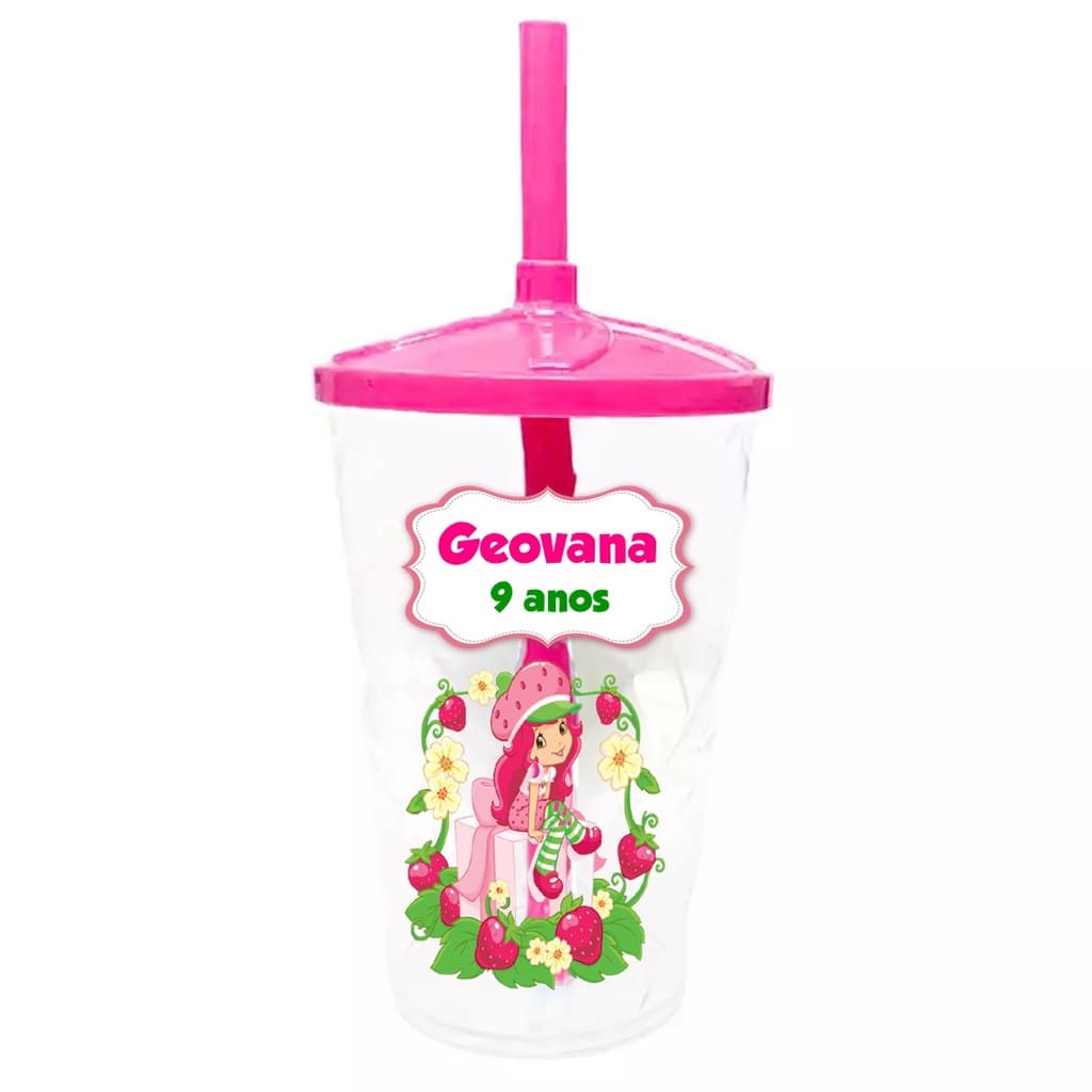30 Copos Twister Shake Personalizado 400ml C/Tampa e Canudo Moranguinho