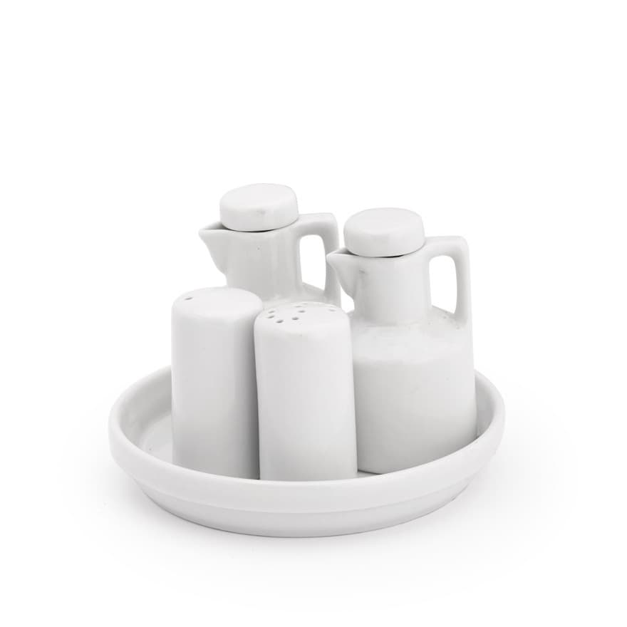 Galheteiro 5 Peças Básico Saleiro, Paliteiro, Porta Azeite e Porta Vinagre Porcelana Branca