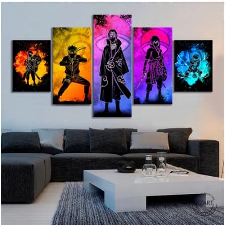 Quadros Decorativos mosaicos 5 peças 1,80 x 0,65 Anime Naruto Itachi naruto e sasuke para sua casa, quarto ou sala