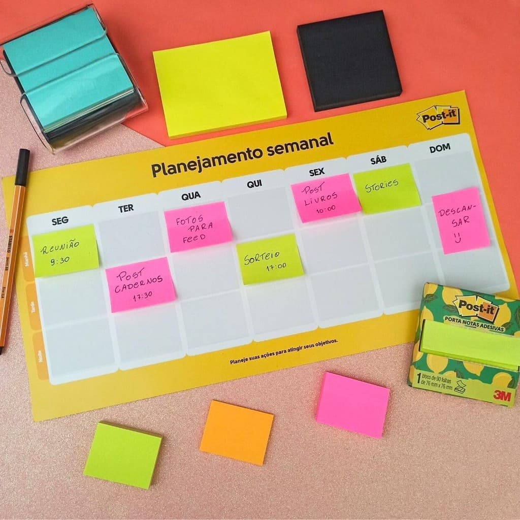 Planejamento Semanal (Calendário Semanal) 20 x 40 cm + 2 Blocos Adesivos 38 x 50 mm Post-it - 3M