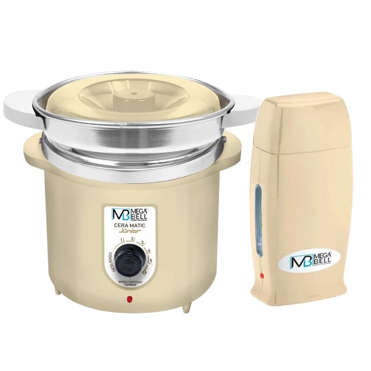Kit Depilação Termocera 400g Com Refil Bege + Aquecedor de Cera Roll-on Bege Mega Bell