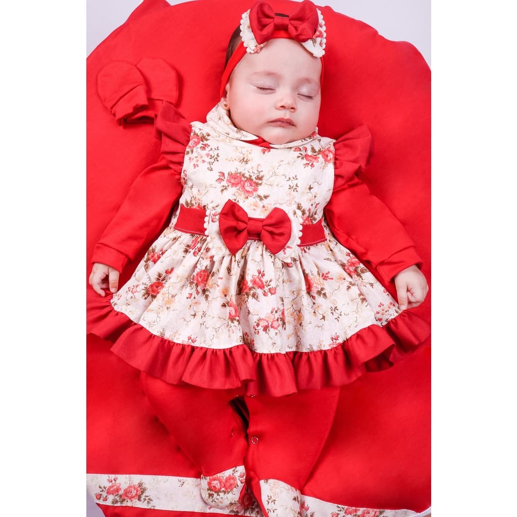 Saída Maternidade Menina Vermelha Floral 05 peças Roupa de Bebê Menina
