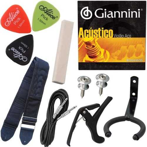 Kit Acessórios Violão Capotraste Correia Cordas Pestana Osso