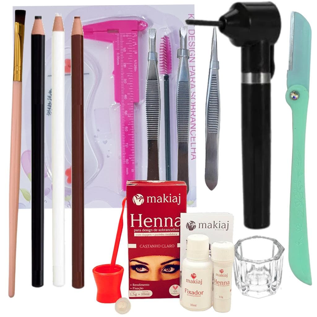 Kit Design Sobrancelha Henna Makiaj Com Fixador 3 Lapis 3 Pinca Mixer Navalha Pincel Paquimetro