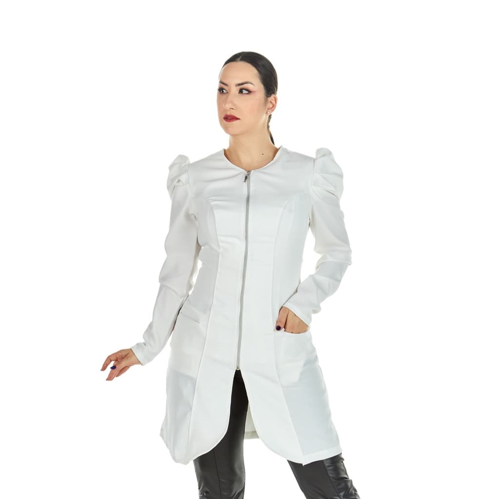 Jaleco Feminino Manga Longa Princesa Zíper Acinturado Off White Dentista Médica Farmacêutica Esteticista