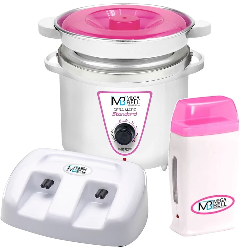 Termocera Panela Depilação 900g c/ Refil + Base Dupla c/ 1 Rollon Branco e Rosa Mega Bell