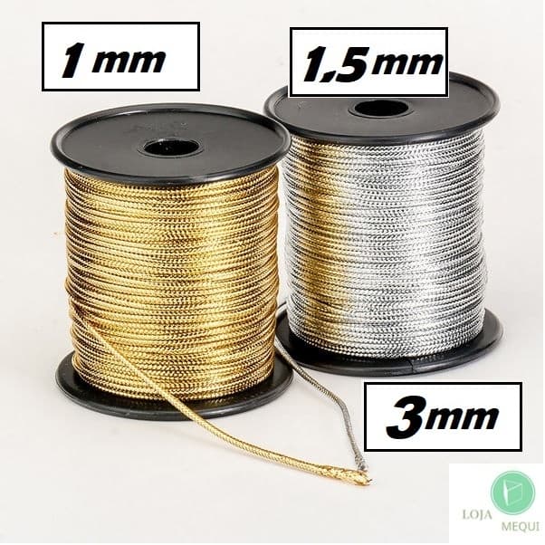Fio Cordão Metalizado 0,5mm 1mm 1,5mm 3mm - Prata Dourado