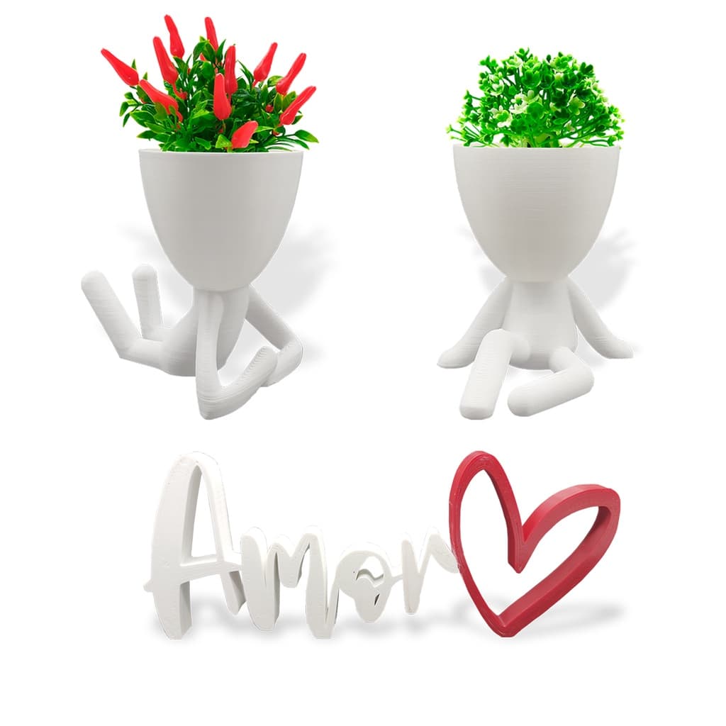 Kit Decorativo Vasos Bob + Amor 3D + Plantas Artificiais - Decoração Criativa Sala e Cozinha