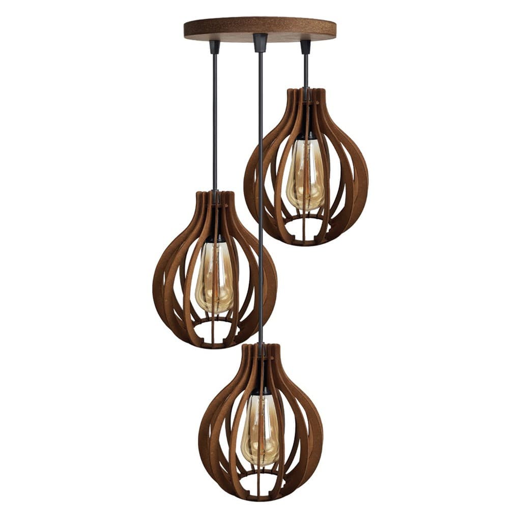 Luminária Pendente De madeira Trio bolinha com Regulagem Camurça