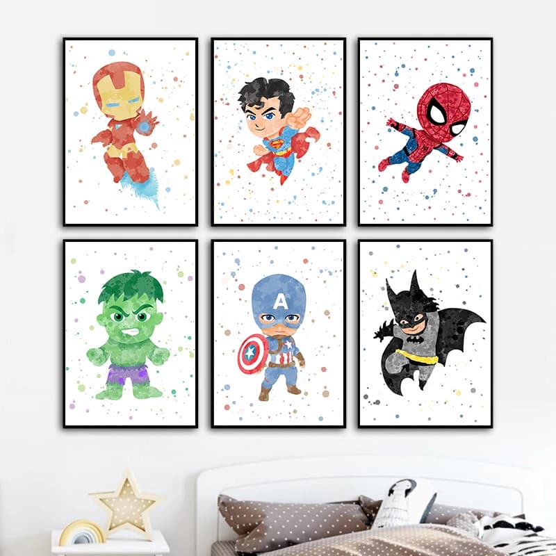 Quadro Decorativo Aquarela superheroes pintura  américa aranha cartaz da arte parede fotos para crianças quarto do bebê