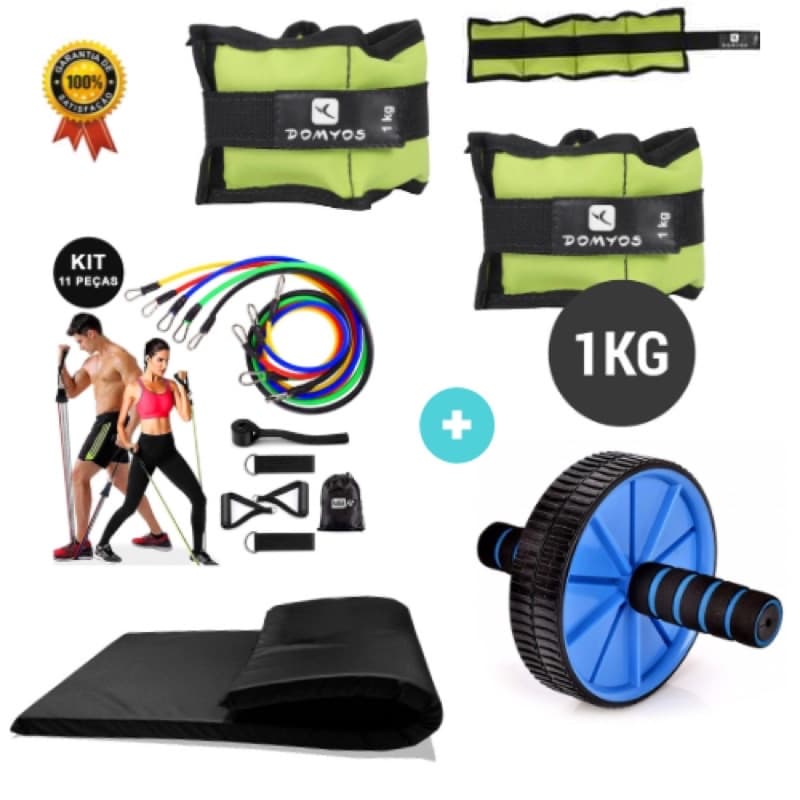 Kit Treine em Casa - Colchonete+Par de Tornozeleira 1 Kg+Kit de 11 Peças+Roda Abdomial