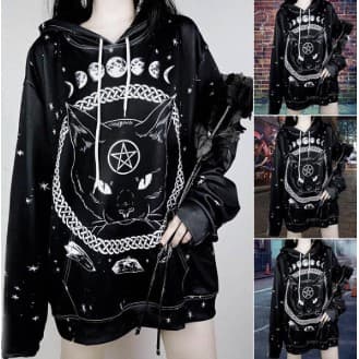 Fancyqube Blusa de Moletom com Capuz e Estampa Gótica de Pentagrama / Bruxaria / Magia / Gato / Lua / Corrente