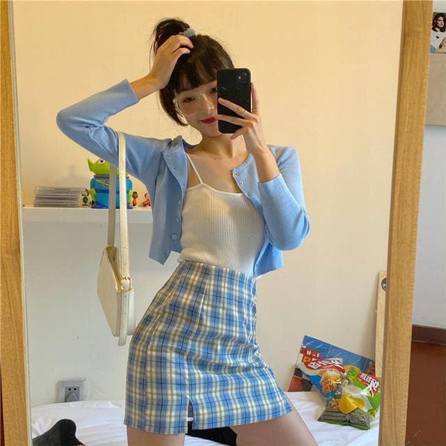 (Liu) Moda Ins Moda Saia Curta Feminino Ver O Estolo Coreano Cintura Alta Saia Xadrez + Cardigan Fino De Manga Curta