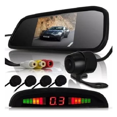 Kit Retrovisor Lcd Camera Sensor De Estacionamento Universal