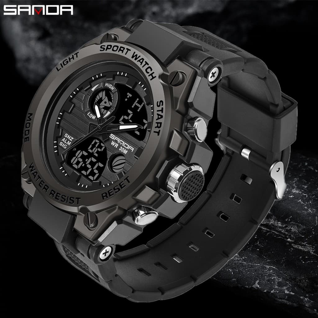 SANDA Relógios esportivos de moda marca de luxo à prova d 'água com cronógrafo duplo display masculino