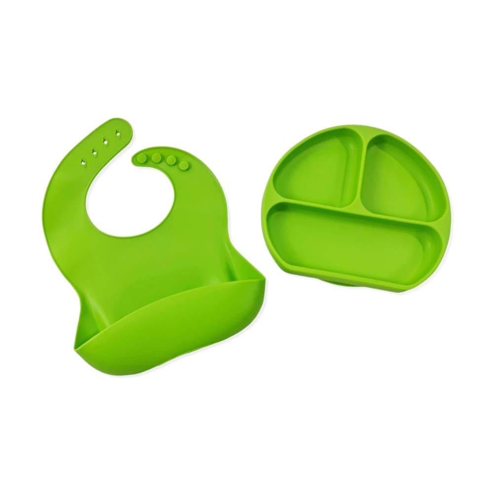 Kit Alimentação Babador + Prato de Silicone - Verde - Ganhe Colher de Silicone
