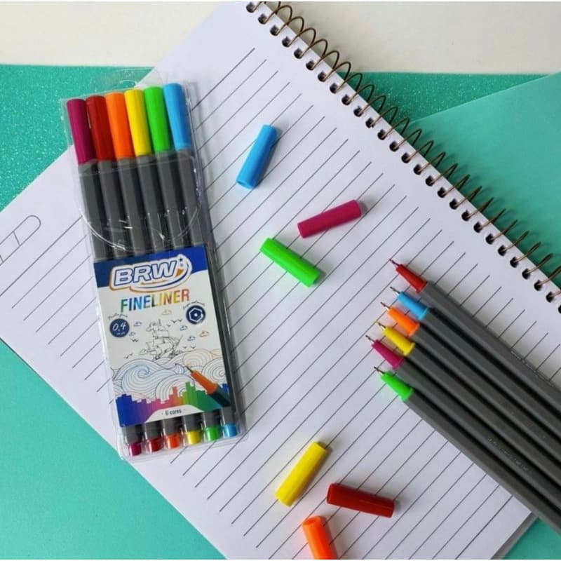 Caneta Hidrográfica Fineliner Ponta Fina Neon 0.4mm 6 Cores - BRW / Caneta Colorida / Papelaria / Caneta Ponta Fina
