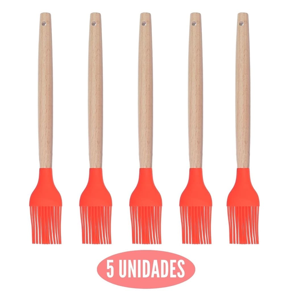 Kit 5 Pincel Culinário Silicone Vermelho Cabo Bambu Cheff