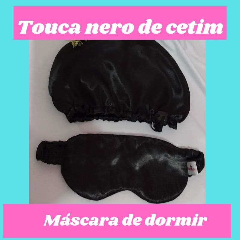 Touca nero de cetim dupla face com regulador+máscara de dormir
