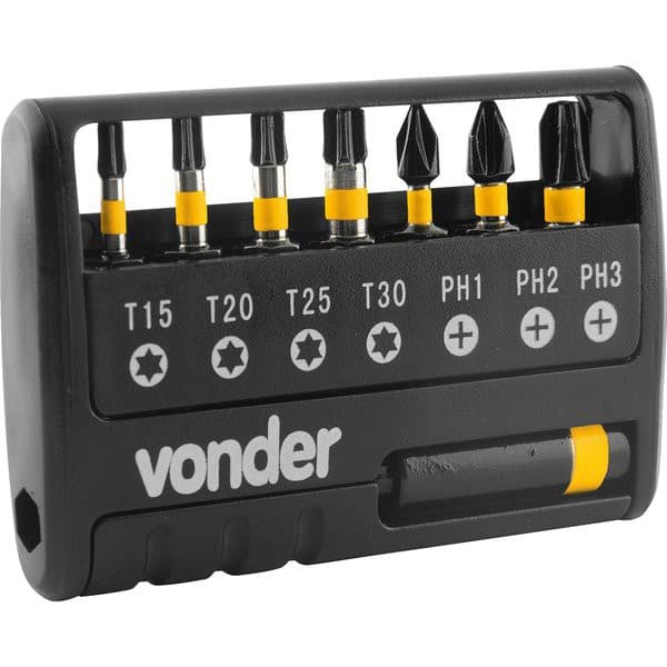 Jogo De Bits/Ponteiras De Impacto S2 Com 9 Peças Encaixe Sextavado 1/4" Vonder Para Parafusadeiras E Chaves De Impacto