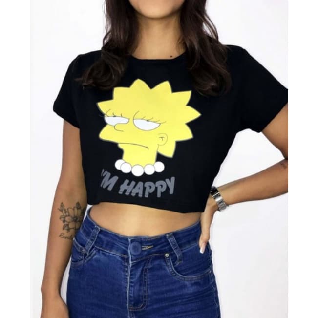 T-SHIRTS/BLUSA/CAMISETA CROPPED ALGODÃO PRETO HAPPY
