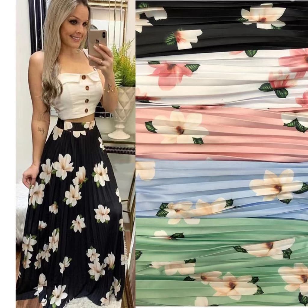 Saia longa Plissada Evangélica Floral cod 005