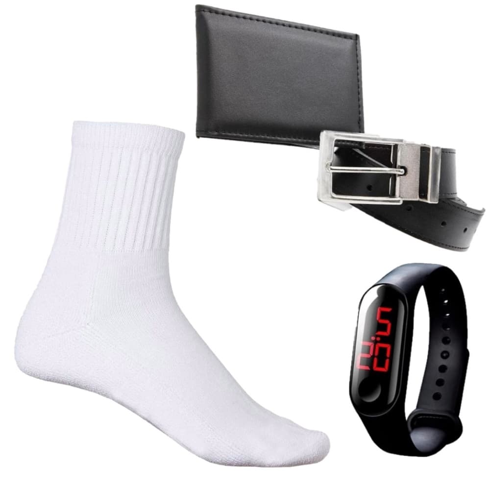 Meia Masculina Esportiva Branca Algodão  Relógio Digital Led Pulseira Silicone Carteira e Cinto DIRETO DA FÁBRICA