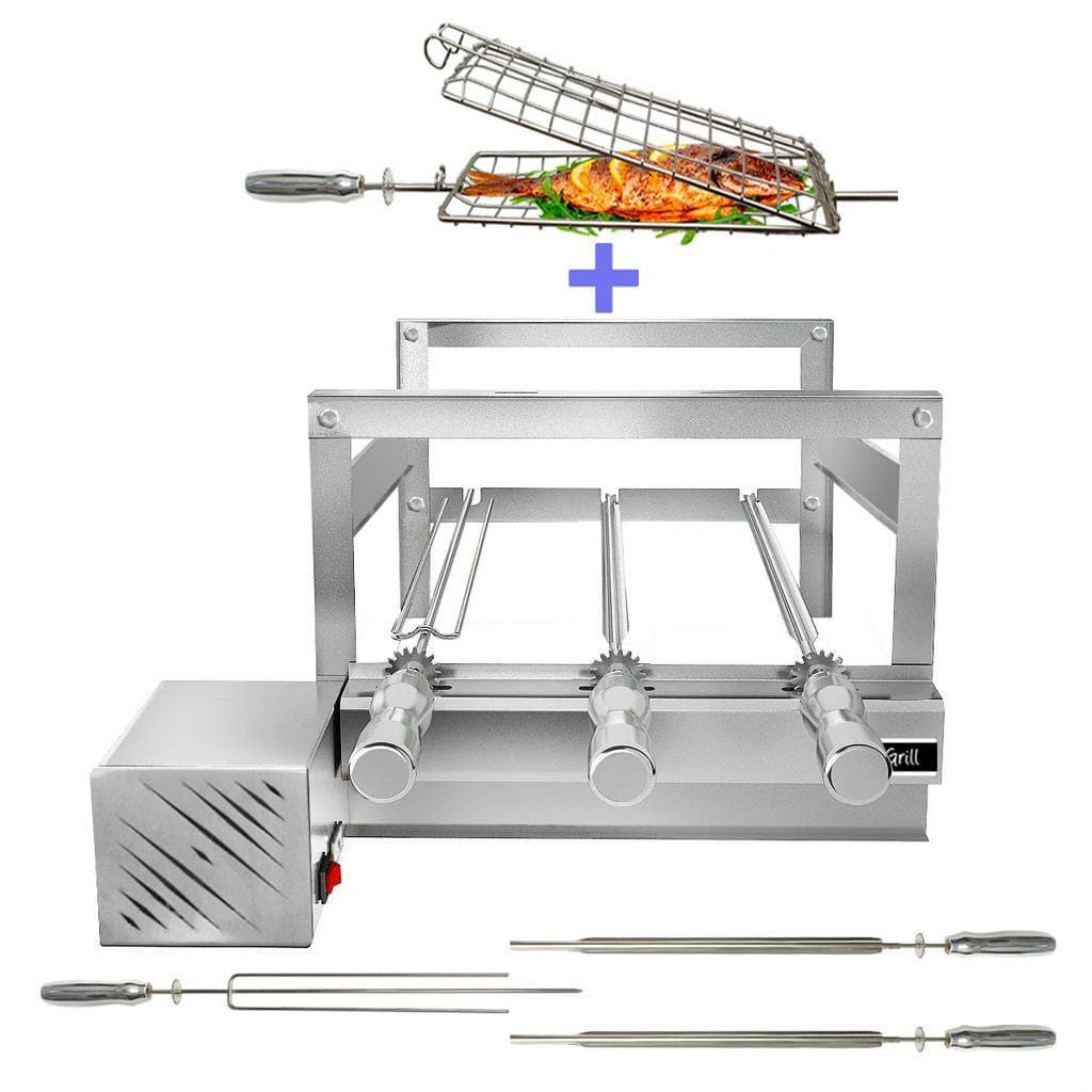 Churrasqueira Giratória Grill Inox Gira Soft Grill 3 Espetos + Espeto Grelha Lado Esquerdo
