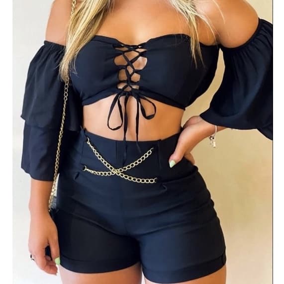 Conjuntos Feminino Cropped Ciganinha com Bojo + Short com Detalhe Gringo Moda Boutique Conjuntinho