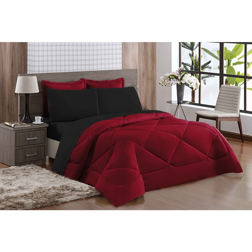 Kit Edredom Casal King Dupla Face Preto Vermelho  com 5 peças