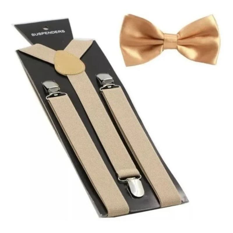 kit suspensório ajustável adulto masculino e feminino bege mais Gravatá borboleta
