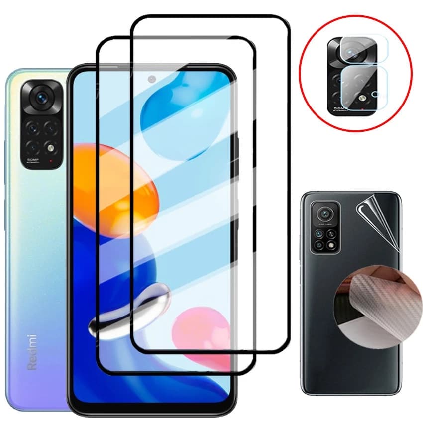 Pelicula para Xiaomi Redmi Note 11 4G | Redmi Note 11S | Redmi Note 11 PRO | Redmi Note 11 PLUS  - Película vidro 3D para tela + Película para câmera + película traseira em fibra de carbono para Xiaomi Redmi Note 11 4G