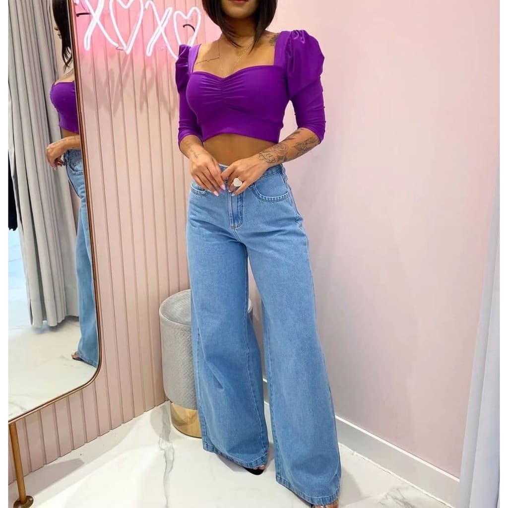 Calça Jeans Feminina Pantalona Sem Lycra Wide Leg Calça Cintura Alta