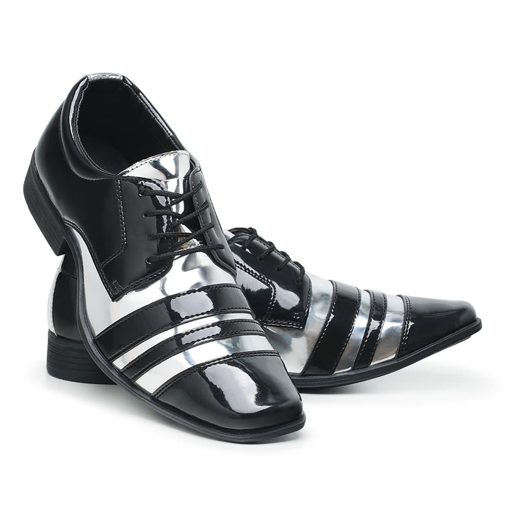 Sapato Social Masculino Italiano 840 Preto Prata Conforto Casual Verniz Brilho Moderno Casamento