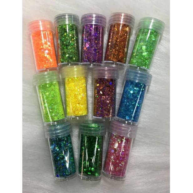 Kit 12 Potinhos Glitter Fino , flocado ou tirinhas cores variadas Purpurina Brilho Unha Decoração Encapsulamento Unhas