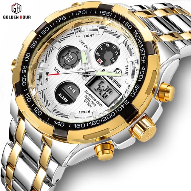 Relógio de Quartzo GOLDENHOUR com Visor Duplo de Aço Inox à Prova d’Água Masculino / Relógio de Pulso Executivo/Luxuoso