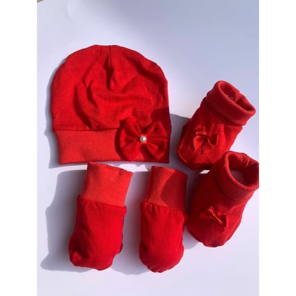 Memelbaby Conjunto touca, luva e sapatinho Vermelho