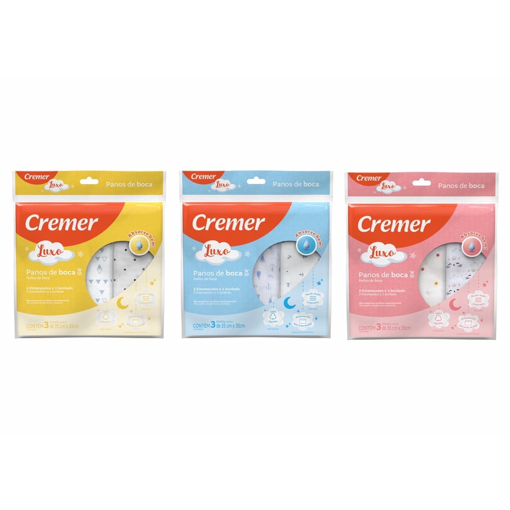 Pano de Boca Luxo Babete com 3 Unidades Cremer Baby Shark, Patrulha Canina, Menino, Menina, Neutro.