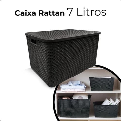 Caixa Organizadora Cesto Multiuso Rattan 7 Litros Com Tampa Preto Empilhavel Brinquedos Livros