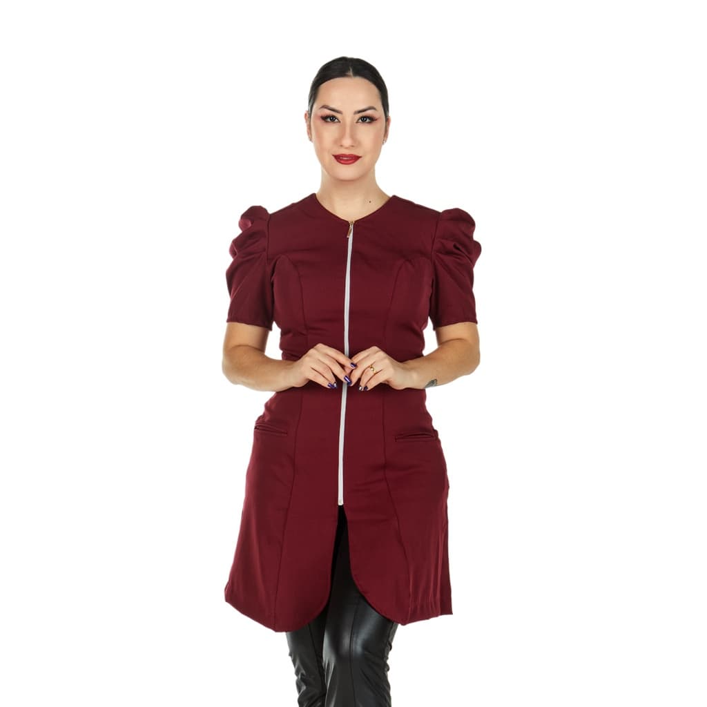 Jaleco Feminino Manga Curta Bufante Princesa Zíper Acinturado Marsala Vermelho Nail Designer