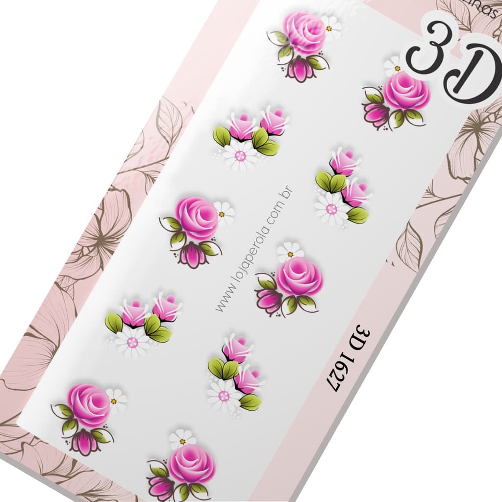 Adesivo 3D de Unhas- Rosas Pink e Margaridas com Pink--3D 1627