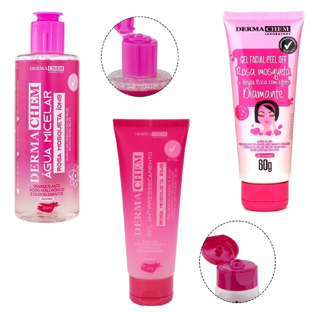 Skin Care Dermachem Rosa Mosqueta- Demaquilante+ Água Micelar + Argila - Prevenção do Envelhecimento e Remoção de Cravos