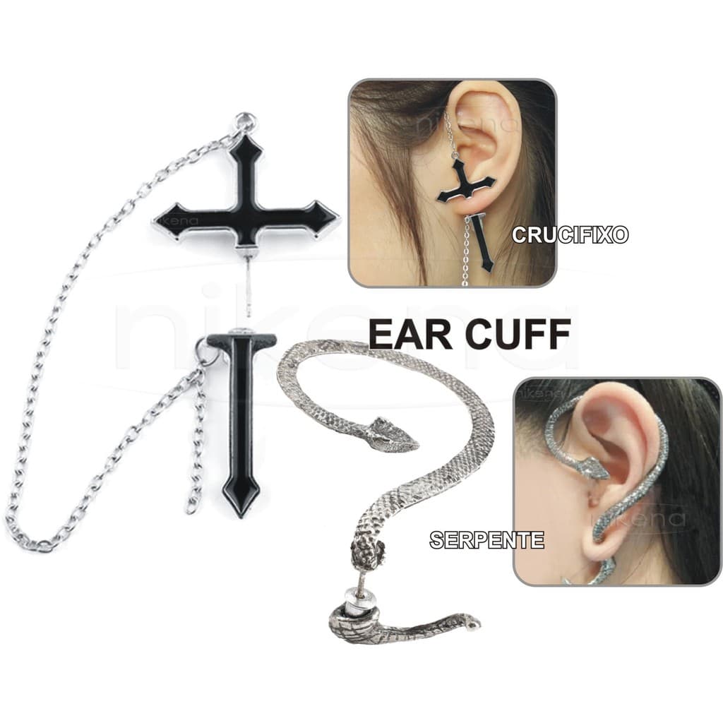Brinco Ear Cuff - Crucifixo ou Serpente - Brincos Earcuff - Brinco Cobra - Gótico - Punk (Cores: Preto ou Prateado)