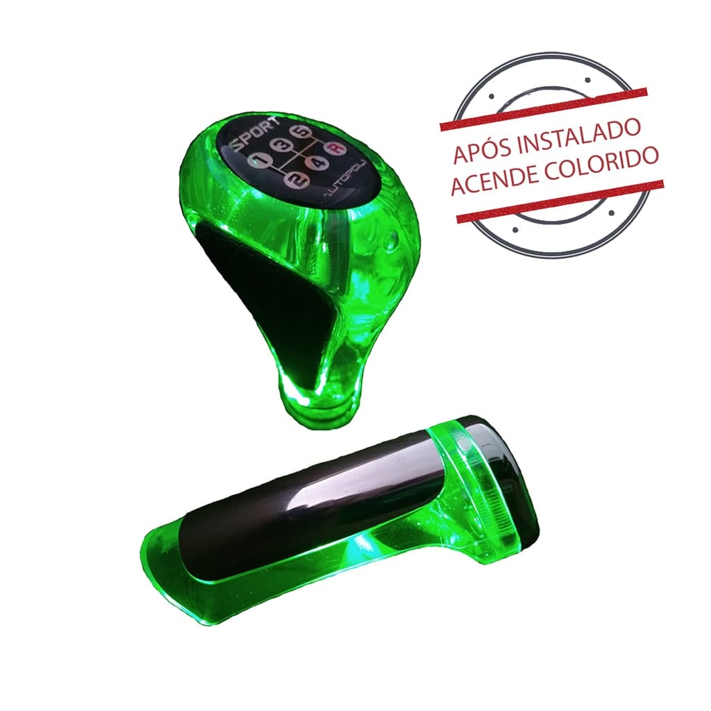 Kit de Manopla Bola De Câmbio 5 Marchas e De Freio  de mão com Led Verde Detalhe em couro
