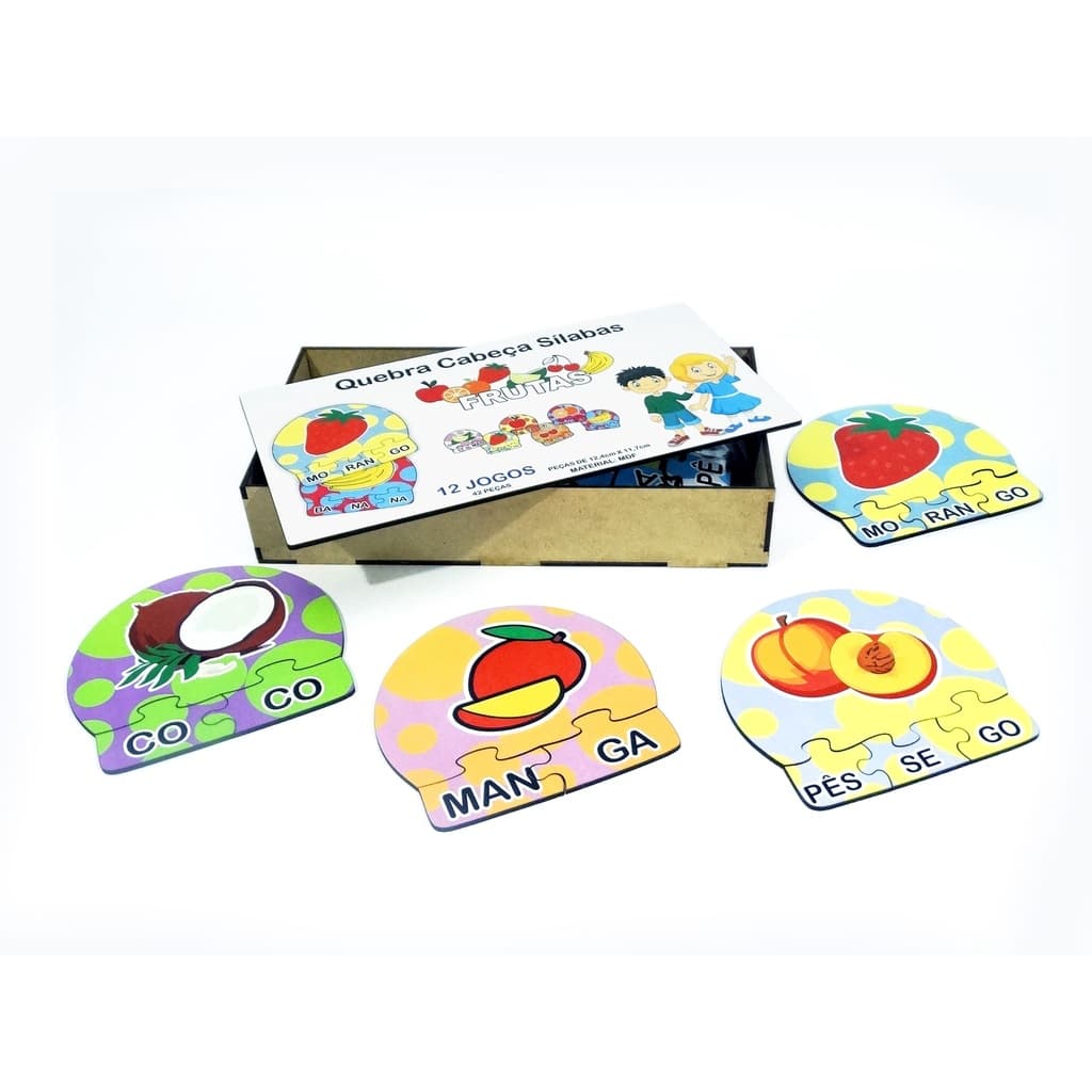 12 Kits Quebra Cabeça Educativo Sílabas Frutas Madeira - Mega Impress