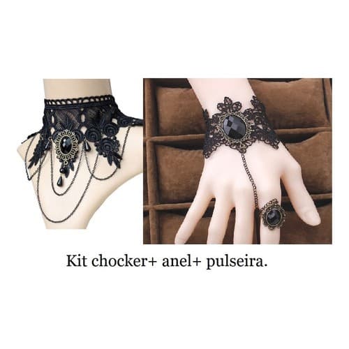 Kit Gótico Pulseira Com Anel, Choker Vampiro Preto Negro