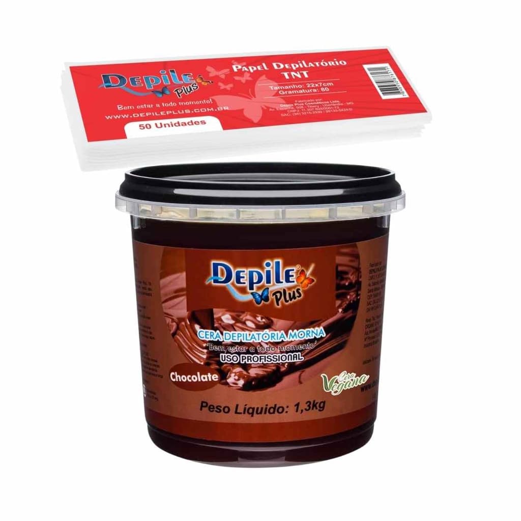 Kit Cera Depilatória Chocolate Depile Plus Profissional 1,3 Kg + Papel 50un